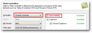 Flash Controllers window in Camtasia. Overlay Controls selected in Controller. Searchability checked off