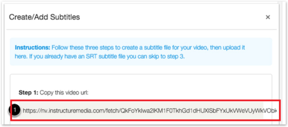 Create/Add Subtitles window in Canvas. Step 1: Copy this video URL. URL highlighted