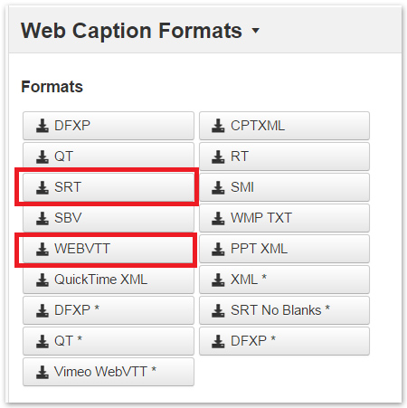 Screenshot of Web Caption Formats with SRT and WebVTT selected