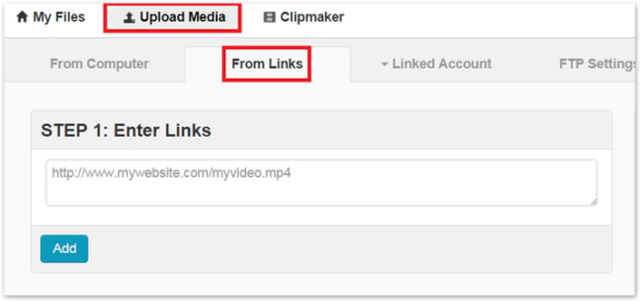 Upload Media and From Links selected. Text box for space to enter link URL