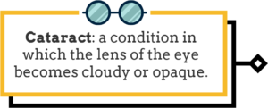 Cataract: a condition in which the lens of the eye becomes cloudy or opaque.
