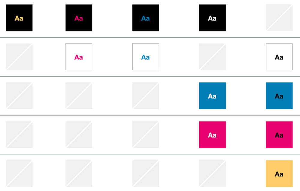 A grid of squares with background colors in black, white, blue, pink, and yellow. Text of 