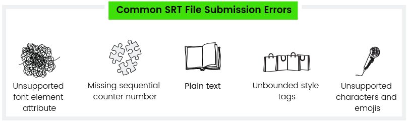 common srt file submissions are unsupported font element attribute, missing sequential counter number, plain text, unbounded style tags, and unsupported characters and emojis