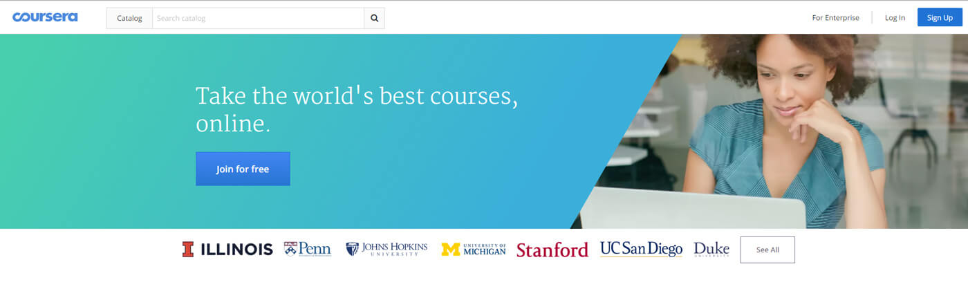 a screenshot of the Cousera website main page. Banner text reads: Take the world's best courses, online. 