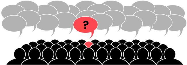 A crowd of people. One person has a question mark in their speech bubble.