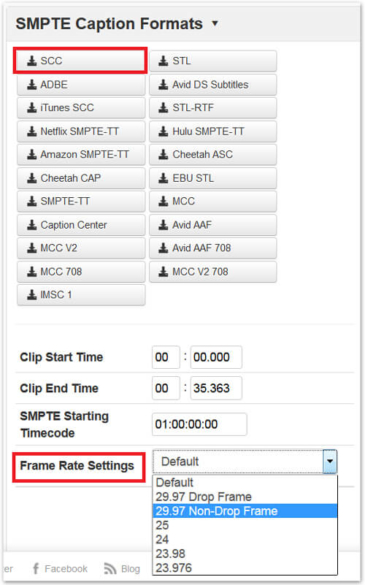 SMPTE Caption Formats. SCC selected. Frame Rate Settings selected, and 29.97 Non-Drop Frame is selected in drop down menu