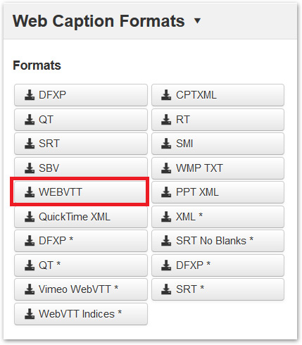 WebVTT Format selected in the Web Caption Formats window