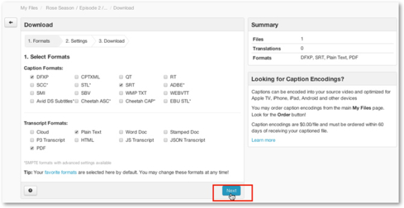 Download window in GoToMeeting Recording. DFXO caption Format and PDF Transcript Format are selected and next button is highlighted