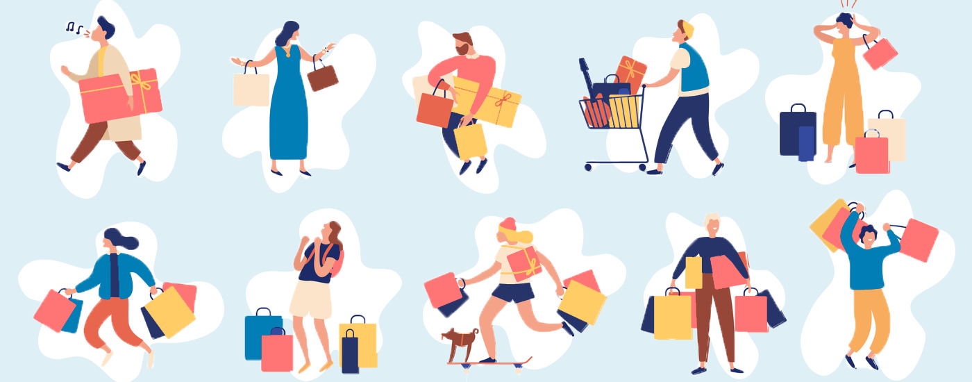 Mini illustrated people carrying shopping bags