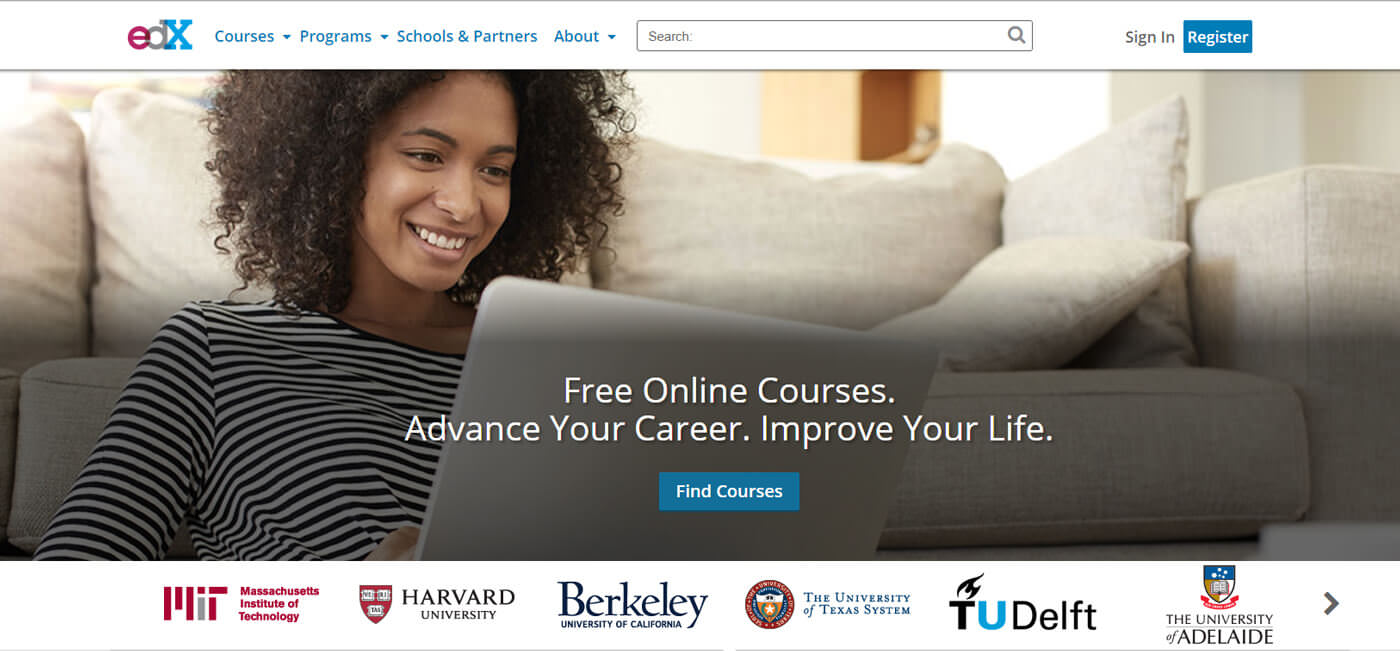 a screenshot of the EdX website main page. Banner text reads: Free online courses. Advance your career. Improve your life. 