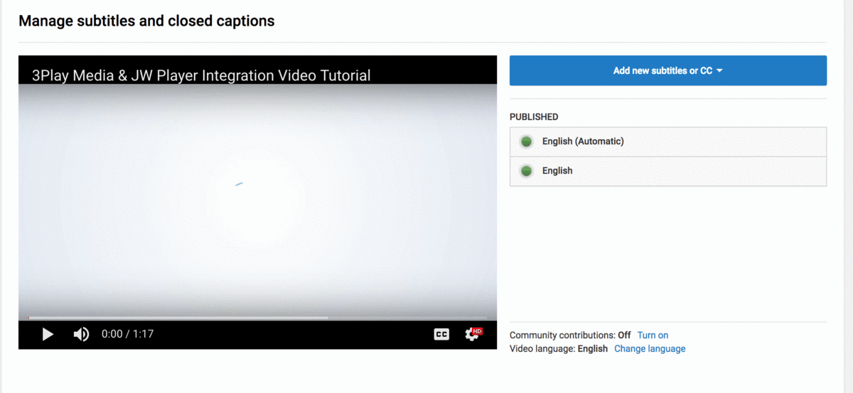 screenshot of youtube account when adding captions select English (automatic) from the published section and click edit