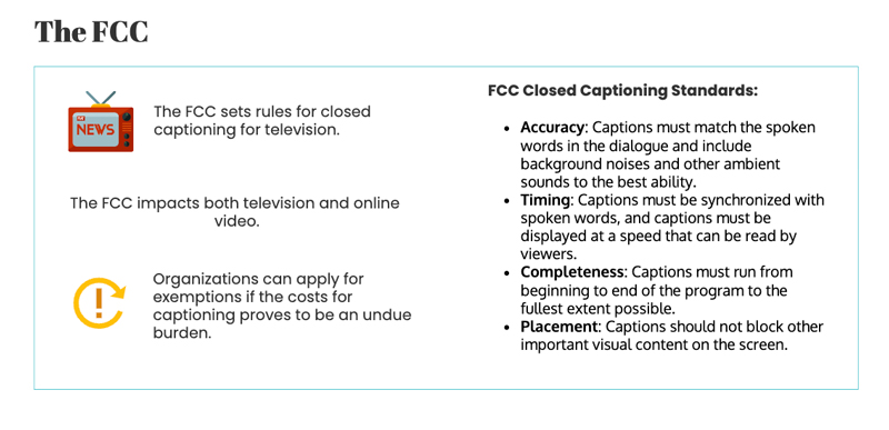 The FCC state The FCC sets rules for closed captioning for television. The FCC impacts both television and online video. Organizations can apply for exemptions if the costs for captioning proves to be an undue burden. FCC Closed Captioning Standards: Accuracy: Captions must match the spoken words in the dialogue and include background noises and other ambient sounds to the best ability.  Timing: Captions must be synchronized with spoken words, and captions must be displayed at a speed that can be read by viewers.  Completeness: Captions must run from beginning to end of the program to the fullest extent possible. Placement: Captions should not block other important visual content on the screen. 