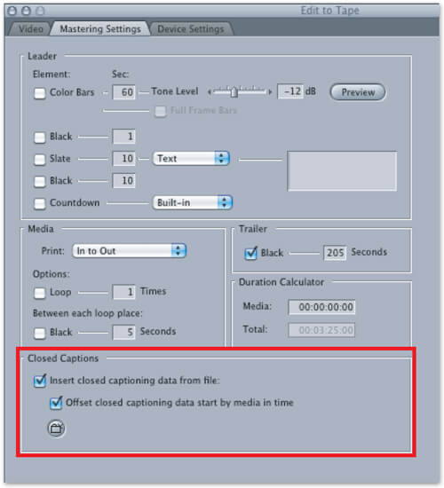 Screenshot of Project in Final Cut Pro with Closed Captions section highlighted. Insert closed captioning date from file and Offset closed captioning data start by media in time are checked off