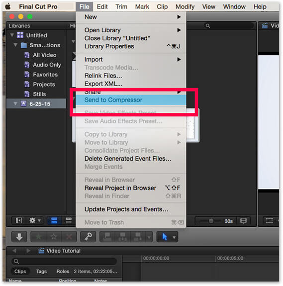 Screenshot in Final Cut Pro X Project. File menu selected, with Send to Compressor highlighted