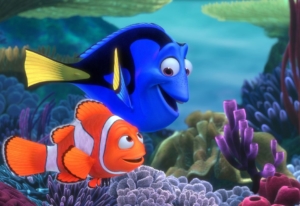 Dory and Nemo swimming in the coral reef