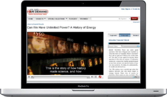 A laptop with a video and interactive transcript shown on screen.
