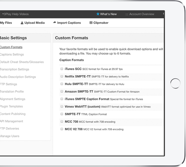 3Play account system showing various options for custom caption formats.