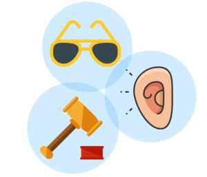 3 icons: sunglasses, gavel, ear