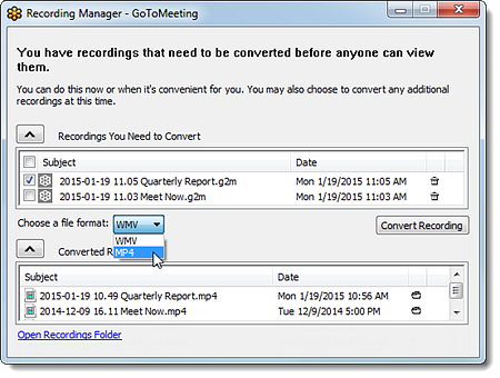 Recording Manager -GoToMeeting window. Choose a file format drop down menu with MP4 selected