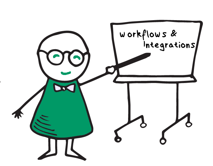 man pointing at chalkboard that reads workflows and integrations