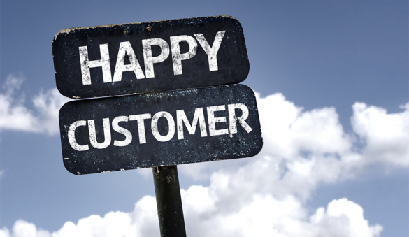 happy customer street sign in front of a blue partly cloudy sky