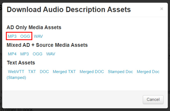a screenshot of the MP3 and OGG audio description file format options highlighted in the 3play account