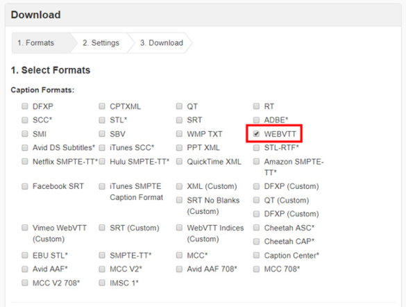 a screenshot of the WebVTT caption format being selected in the 3play account