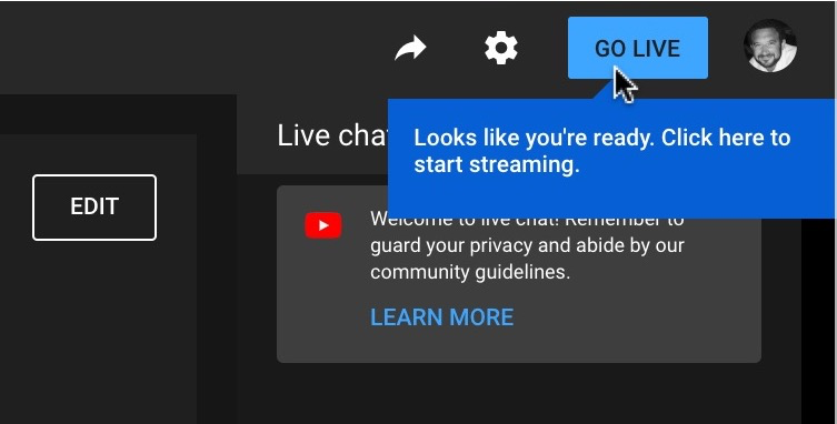 Go live icon in YouTube Studio page