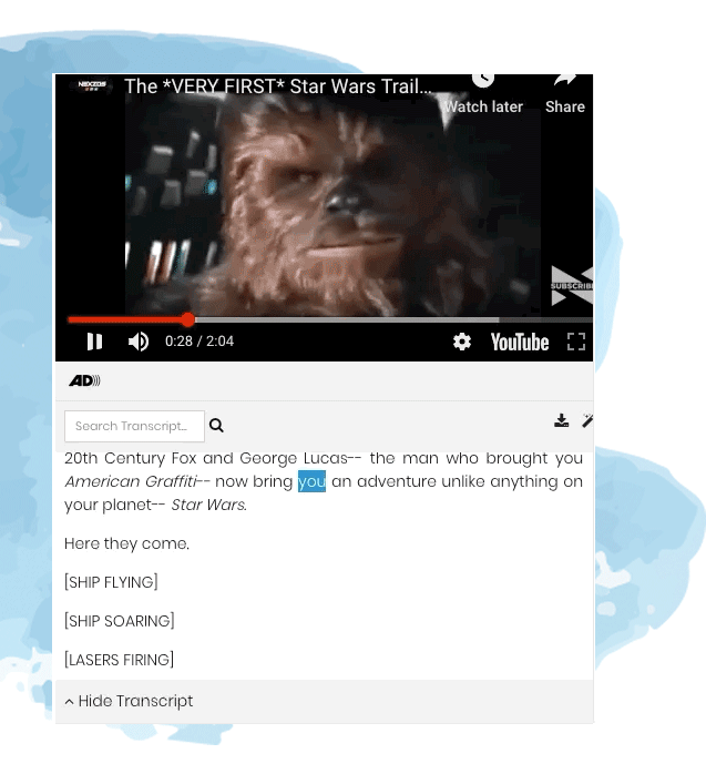 gif of the interactive transcript and 3play plugin. there is a button for AD and you can also hide the transcript 