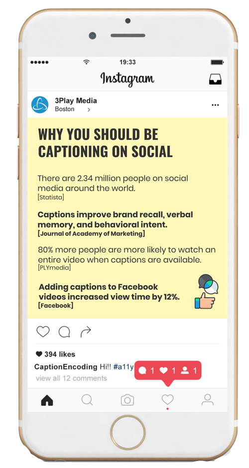Facts inside an instagram template. WHY YOU SHOULD BE CAPTIONING ON SOCIAL  There are 2.34 million people on social media around the world. from statista.  Captions improve brand recall, verbal memory, and behavioral intent.  from  Journal of Academy of Marketing  80% more people are more likely to watch an entire video when captions are available. from PlYmedia.  Adding captions to Facebook videos increased view time by 12%. From Facebook