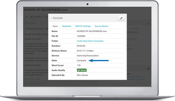 Under details an arrow points to the state of a file which says complete.
