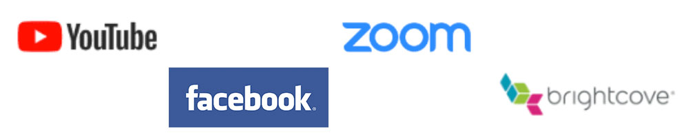 Live integrations logos include YouTube, Zoom, Facebook, and Brightcove.