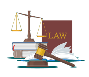 justice scale, law book, gavel and block, and other books