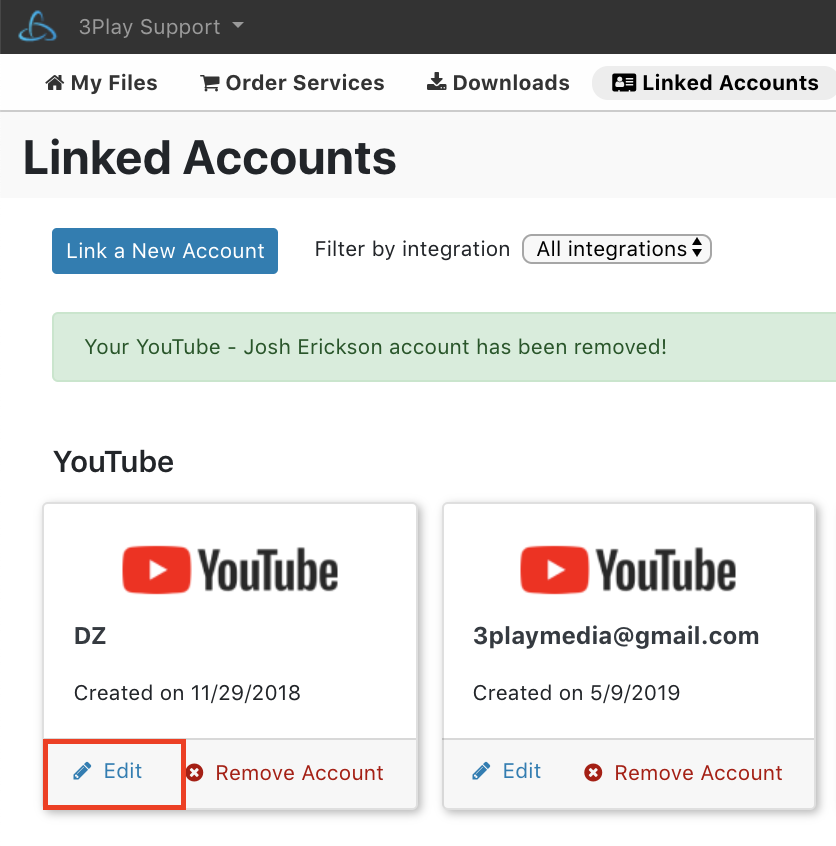 Select a YouTube Account in Linked Accounts