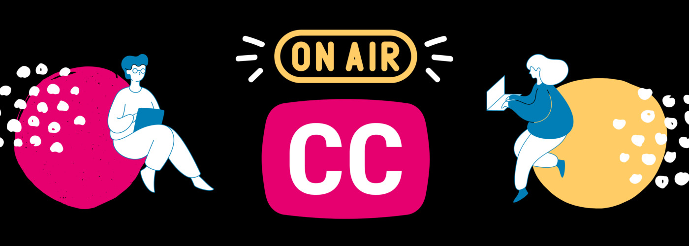 An on air sign hovers above the CC logo, indicating live closed captioning, and decorative cartoon people use computers