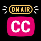 An on air sign hovers above the CC logo, indicating live closed captioning, and decorative cartoon people use computers