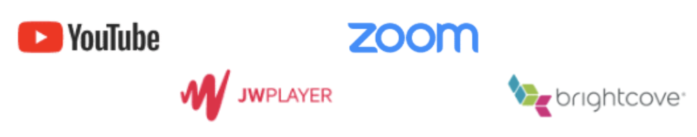 Live integrations logos include YouTube, Zoom, JW Player, and Brightcove.
