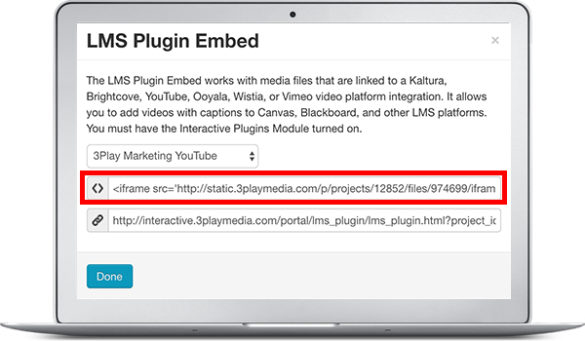 The UI of the 3Play Media account shows the LMS Plugin Embed modal. The iframe link is highlighted.