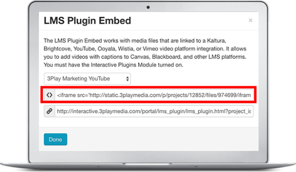 The UI of the 3Play Media account shows the LMS Plugin Embed modal. The iframe link is highlighted.