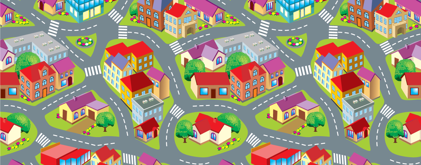 an illustration of a small town from an above perspective