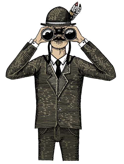 man in a suit looking through a pair of binoculars