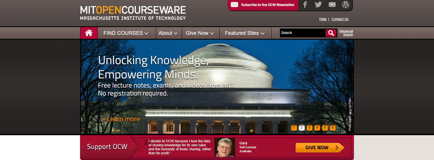 a screenshot of the MIT Open Courseware website's main page.