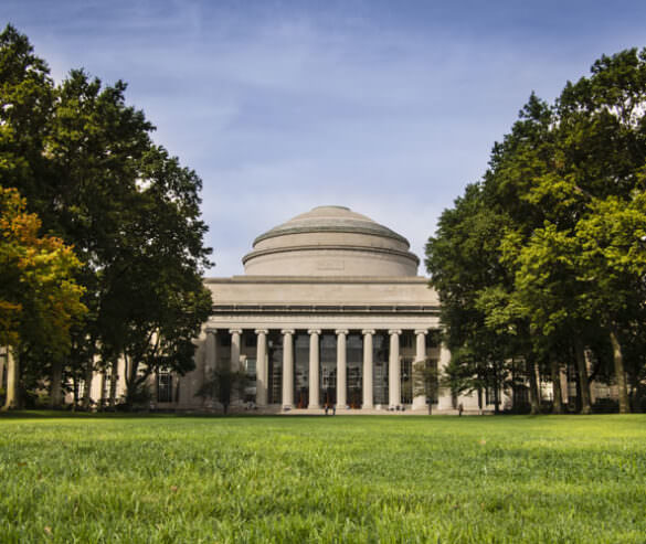 The front of the big dome building on the Massachusetts Institute of Technology campus in Cambridge.