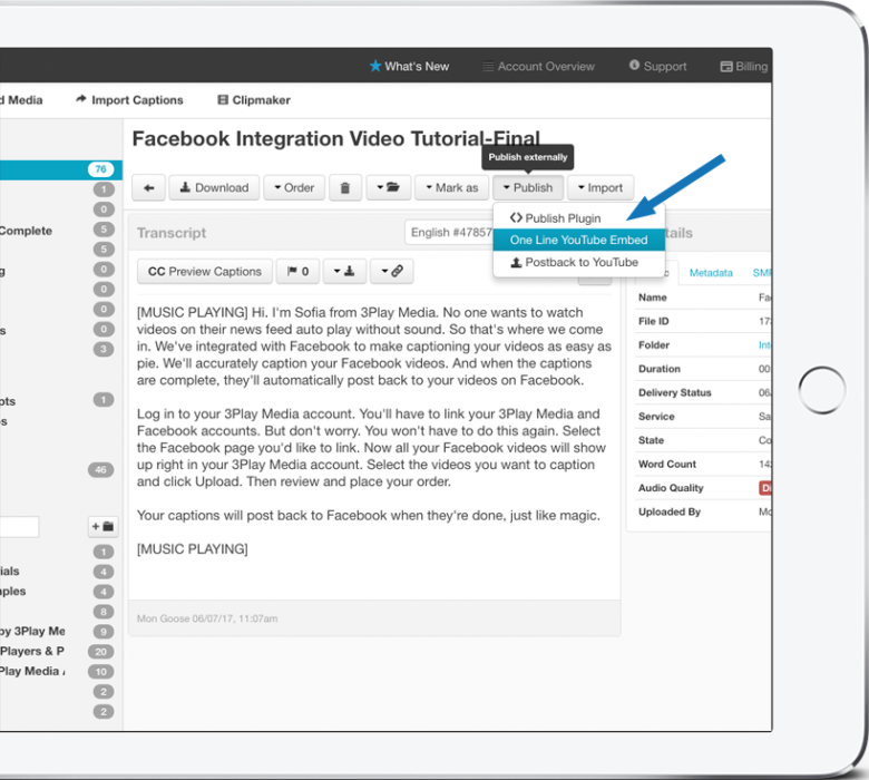 Inside the 3play account system and arrow points at One Line YouTube embed found under Publish.