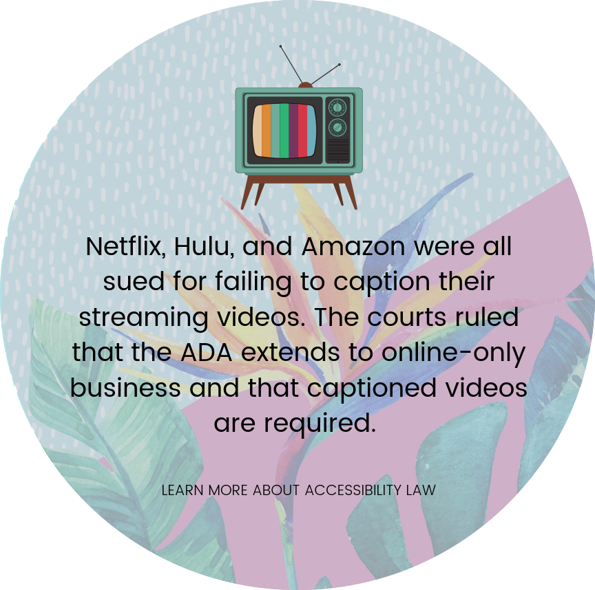  Netflix, Hulu, and Amazon were all sued for failing to caption their streaming videos. The courts ruled that the ADA extends to online-only business and that captioned videos are required. 