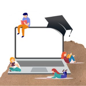 illustration of a computer with kids around it reading books