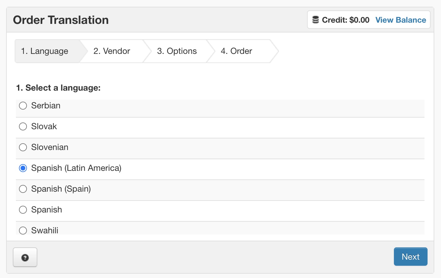 Screen capture of translation order form in the 3Play Account system