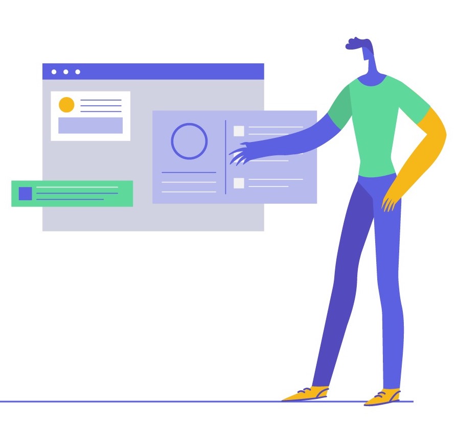 Man points to data dashboard.