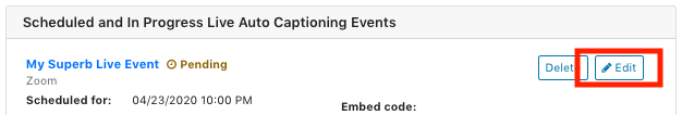 The edit button is selected under the upcoming live auto captioning events