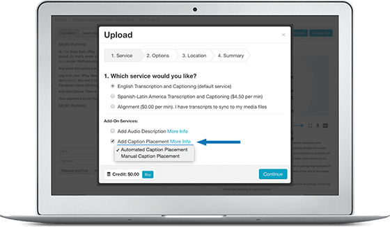 A screenshot of the upload menu. Add Caption Placement has been selected. An arrow points at more information and below a menu pops up with two options. One automated caption placement and the other manual caption placement